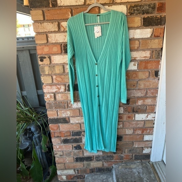 NWT Free People Skinny Light Torquoise Ribbed Maxi Cardigan - Picture 2 of 9